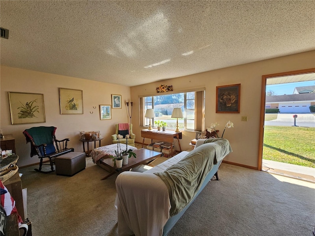 living room featuring carpet and a textured ceiling