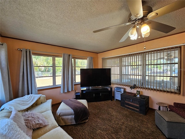 carpeted living room featuring crown molding and a textured ceiling