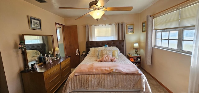 bedroom with ceiling fan and multiple windows