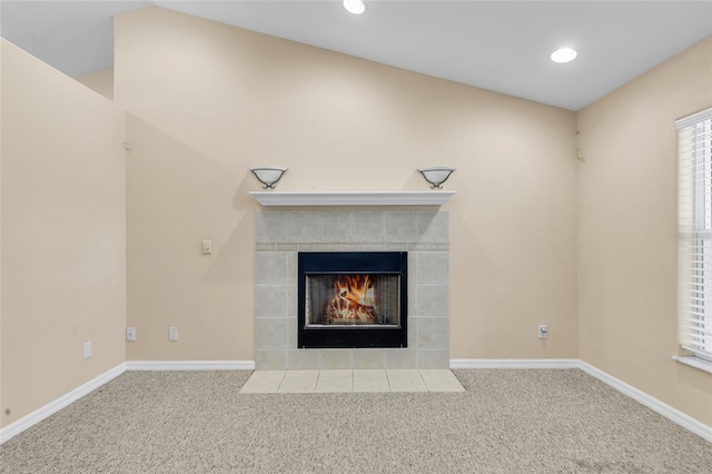 details with carpet and a fireplace