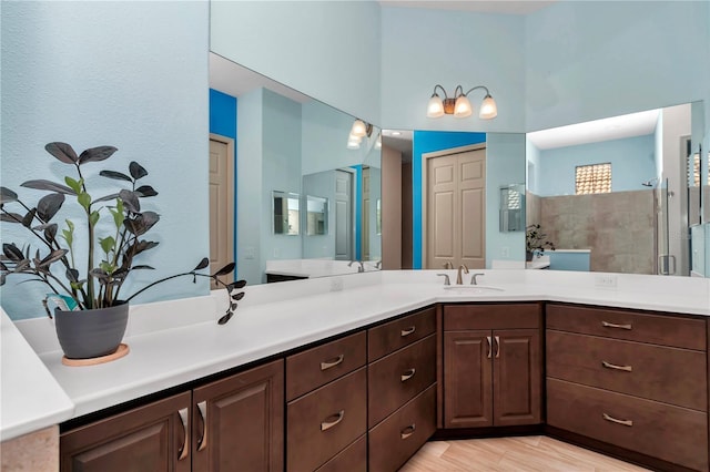 bathroom with vanity, hardwood / wood-style floors, and walk in shower