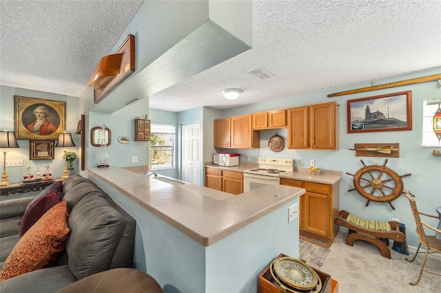 kitchen with sink, white appliances, kitchen peninsula, light carpet, and a textured ceiling