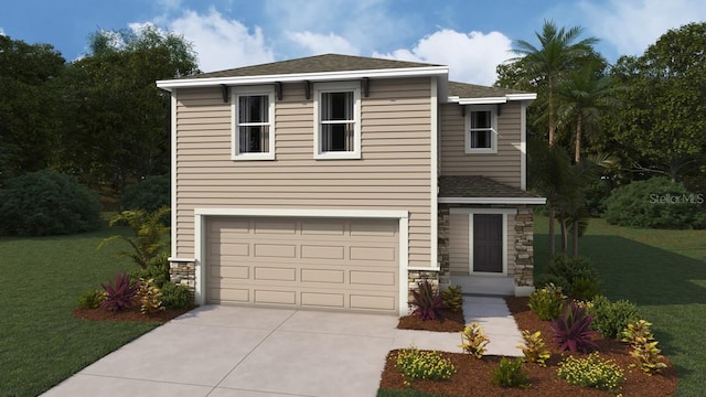 view of front of house with a garage and a front lawn