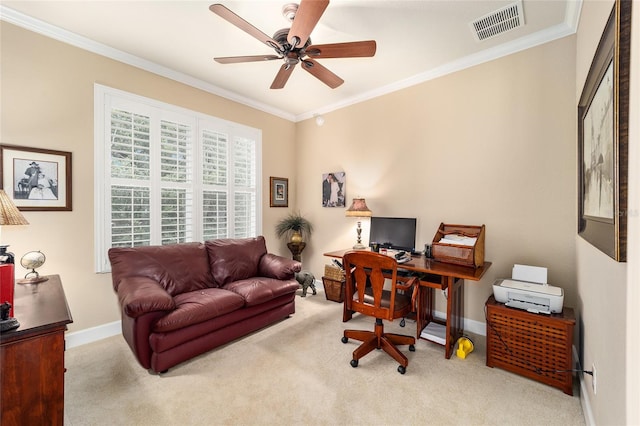 carpeted office with ornamental molding and ceiling fan