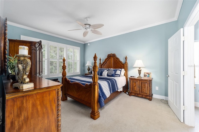 bedroom featuring ornamental molding, light carpet, and ceiling fan