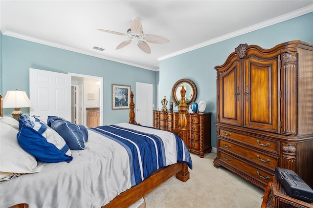 carpeted bedroom featuring ornamental molding, connected bathroom, and ceiling fan