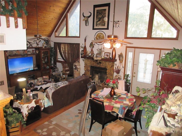 dining space with ceiling fan, a fireplace, light wood-type flooring, and wooden ceiling