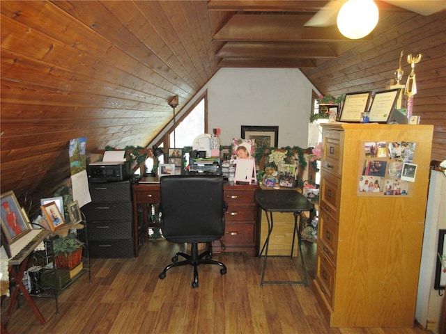 office space with dark hardwood / wood-style flooring, vaulted ceiling with beams, wood ceiling, and wood walls