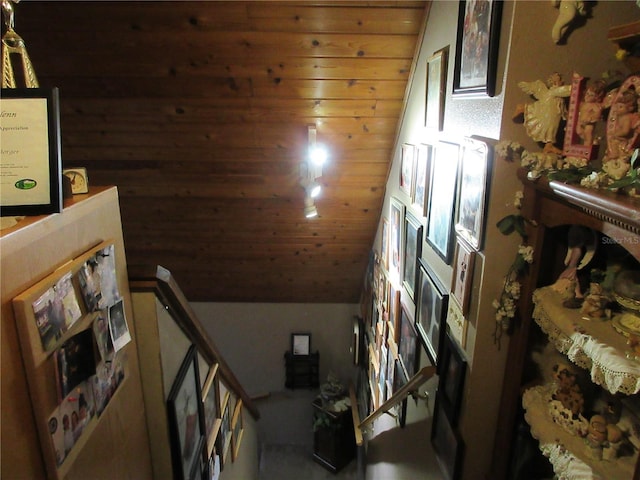 interior space featuring vaulted ceiling and wooden ceiling