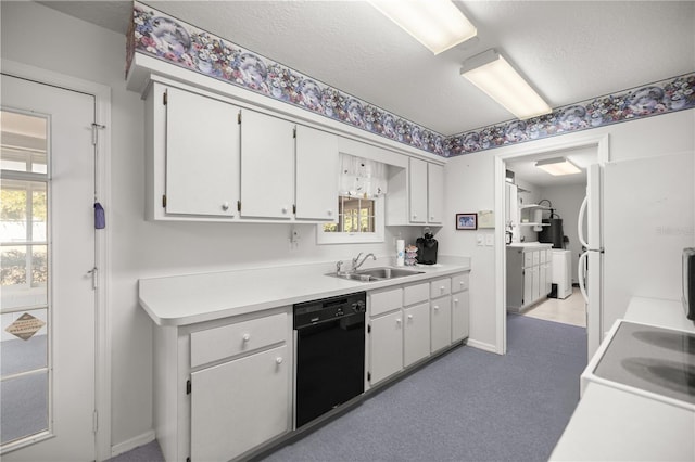 kitchen featuring sink, a textured ceiling, white refrigerator, dishwasher, and white cabinets