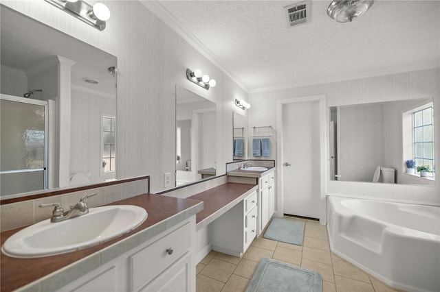 bathroom featuring crown molding, vanity, plus walk in shower, a textured ceiling, and tile patterned floors