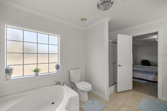 bathroom with crown molding, separate shower and tub, tile patterned floors, and toilet