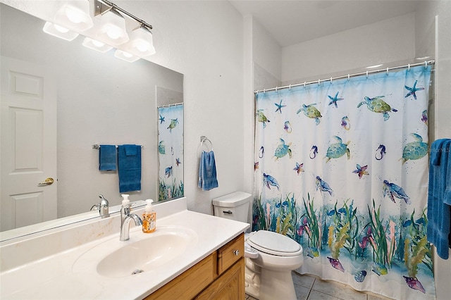 bathroom featuring a shower with curtain, tile patterned floors, toilet, and vanity