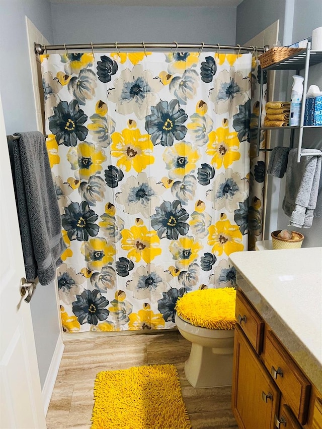 bathroom featuring baseboards, vanity, toilet, and wood finished floors