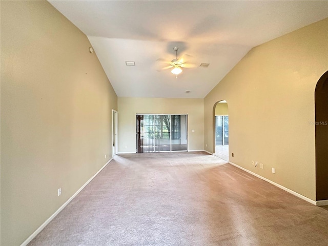 interior space with ceiling fan and high vaulted ceiling