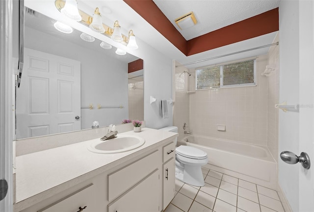 bathroom with tile patterned flooring, visible vents, toilet, shower / tub combination, and vanity