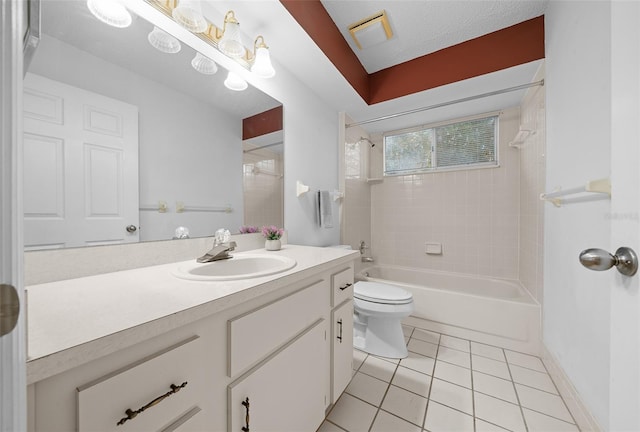 full bath featuring tile patterned flooring, visible vents, toilet, shower / bathing tub combination, and vanity