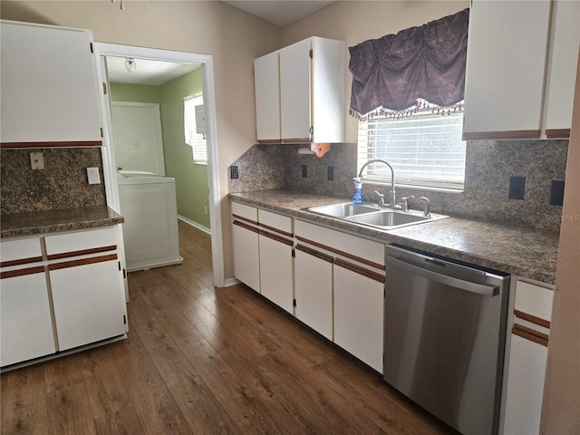 kitchen with white cabinetry, dark hardwood / wood-style floors, dishwasher, and sink