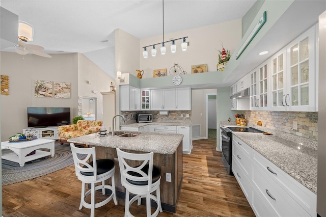 kitchen featuring white cabinetry, light stone countertops, electric range oven, and sink