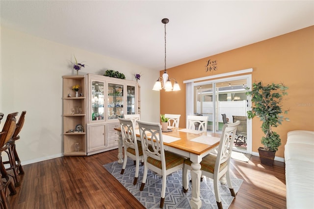 dining room featuring dark wood-type flooring and a chandelier