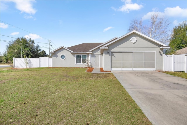 single story home with a garage and a front lawn