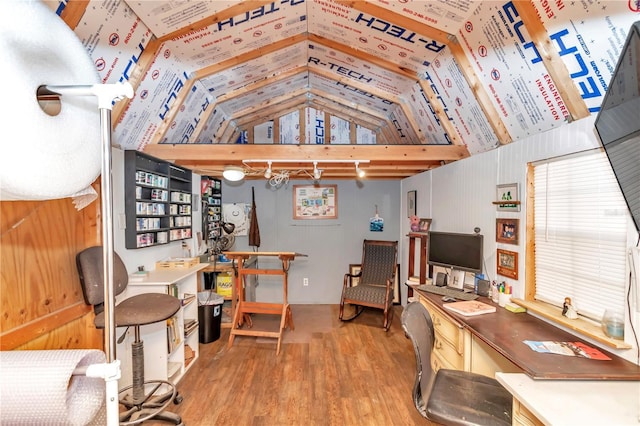 office area featuring lofted ceiling and light wood-style flooring