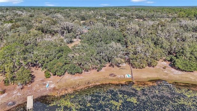 drone / aerial view featuring a wooded view