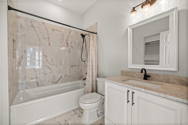 full bathroom featuring shower / tub combo, vanity, and toilet