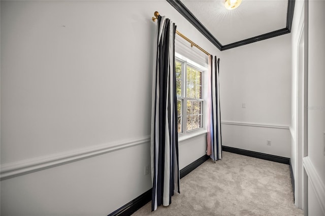 unfurnished bedroom with crown molding and light colored carpet