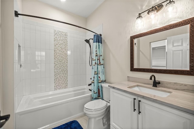 full bathroom with toilet, vanity, and shower / bathtub combination with curtain