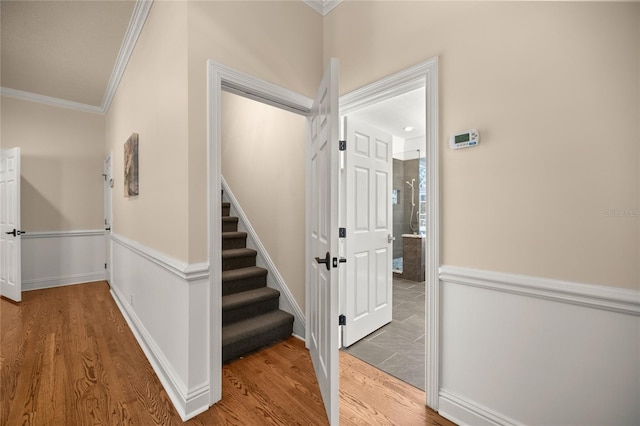 staircase featuring hardwood / wood-style flooring and ornamental molding