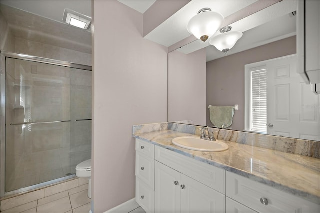 bathroom featuring vanity, a shower with shower door, tile patterned floors, and toilet