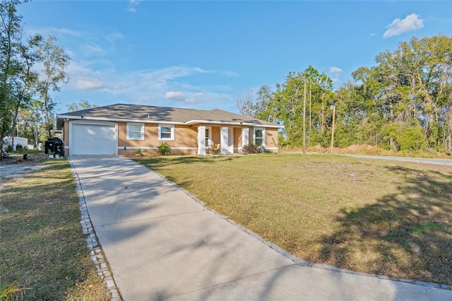 ranch-style house with a garage and a front yard