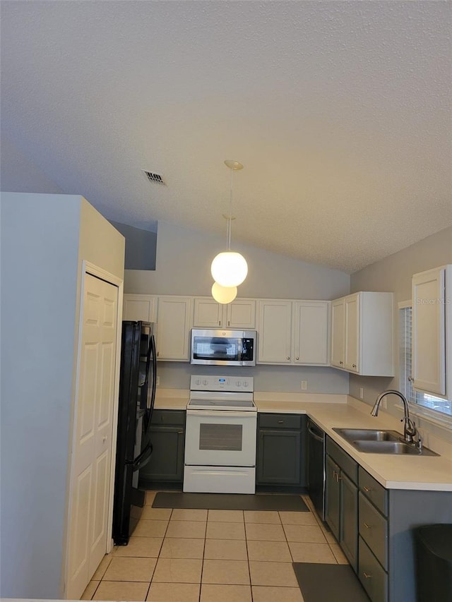 kitchen with sink, gray cabinetry, white cabinetry, hanging light fixtures, and black appliances