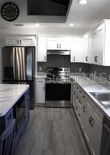 kitchen with stainless steel electric range oven, dishwashing machine, white cabinets, dark hardwood / wood-style flooring, and fridge