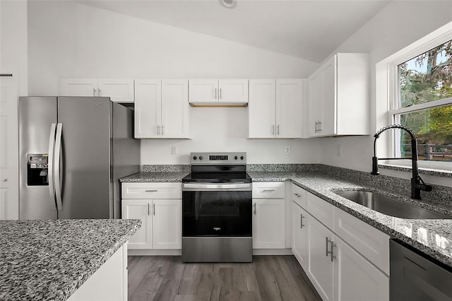 13743 SW 113th Ln, Dunnellon, FL 34432 - kitchen featuring a sink, light stone counters, lofted ceiling, stainless steel appliances, and white cabinetry
