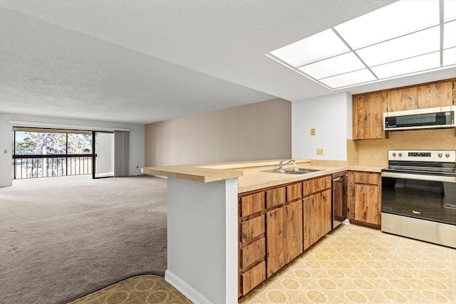 kitchen featuring sink, a skylight, kitchen peninsula, light colored carpet, and stainless steel appliances