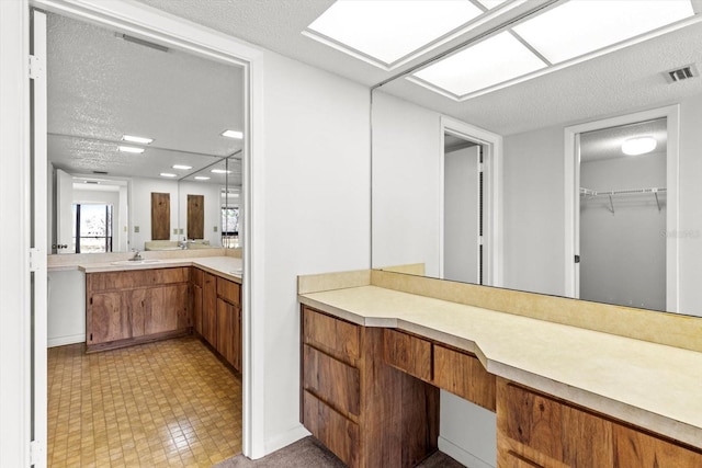 bathroom featuring vanity, a textured ceiling, and a skylight