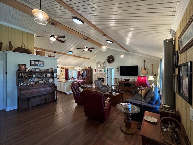 living room with wood ceiling, crown molding, hardwood / wood-style floors, a notable chandelier, and lofted ceiling with beams