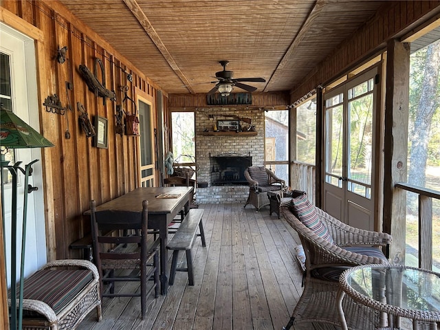 sunroom / solarium featuring ceiling fan and wooden ceiling