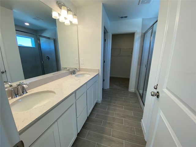 bathroom with a shower with door and vanity