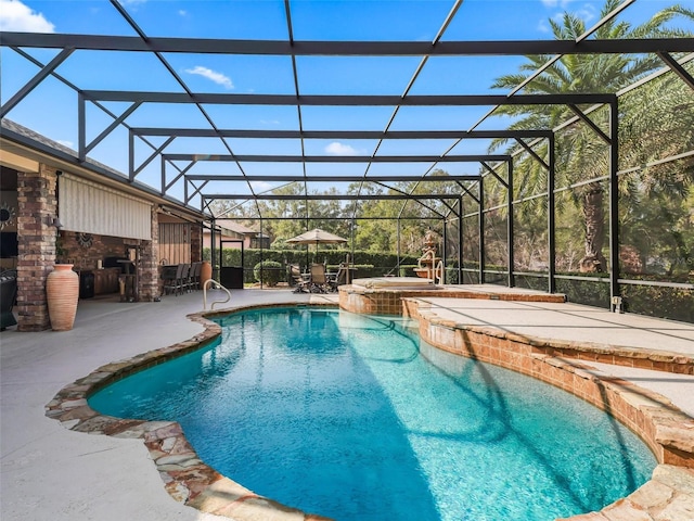 view of swimming pool with exterior bar, a hot tub, a patio, and glass enclosure