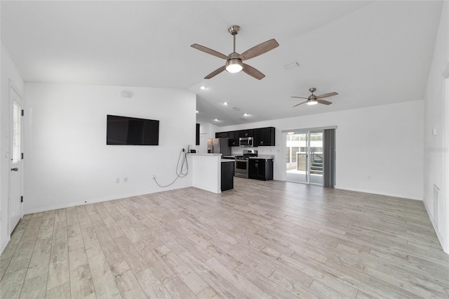 unfurnished living room with lofted ceiling, light hardwood / wood-style flooring, and ceiling fan