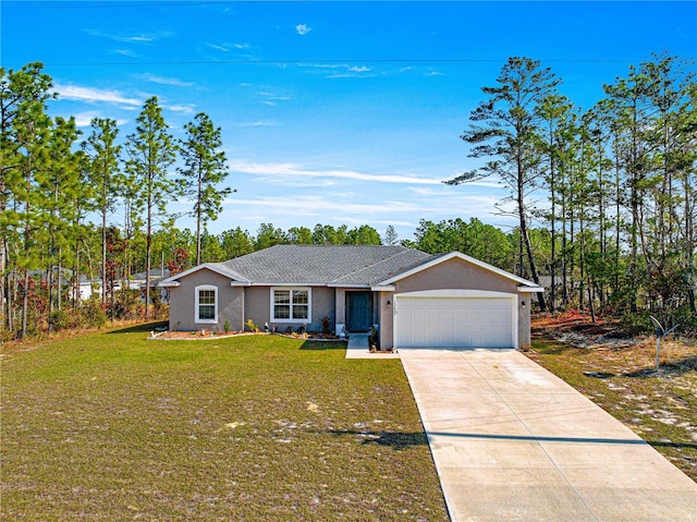 ranch-style home featuring a garage and a front lawn