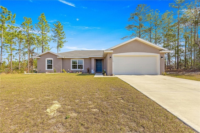 ranch-style house featuring a garage and a front yard