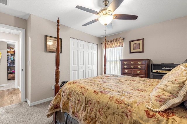 bedroom with light colored carpet, a closet, and ceiling fan