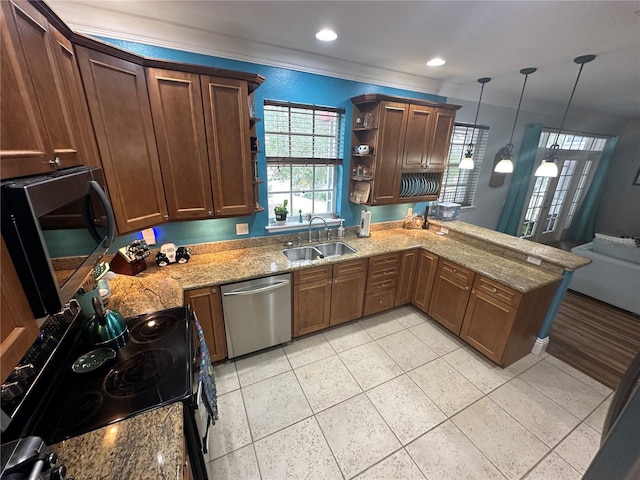 130 Harbour Cove Way, Clermont, FL 34711 - kitchen with dishwasher, a sink, black range with electric stovetop, a peninsula, and open shelves