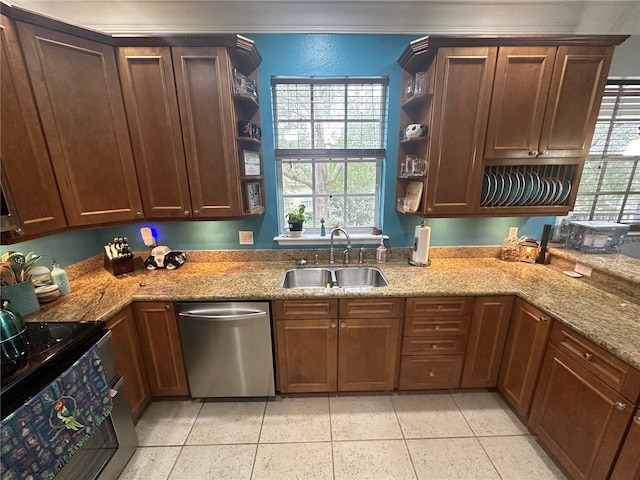 130 Harbour Cove Way, Clermont, FL 34711 - kitchen with dishwasher, open shelves, a sink, electric stove, and light stone counters