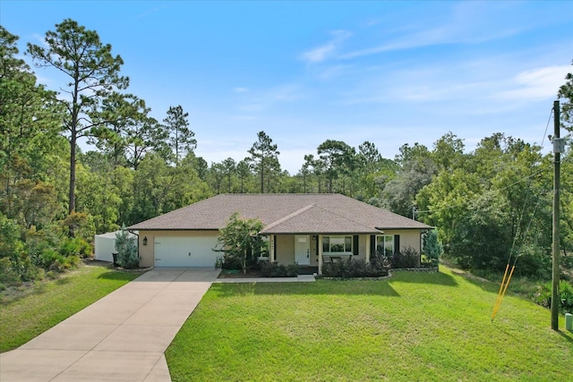 ranch-style house with a garage and a front lawn