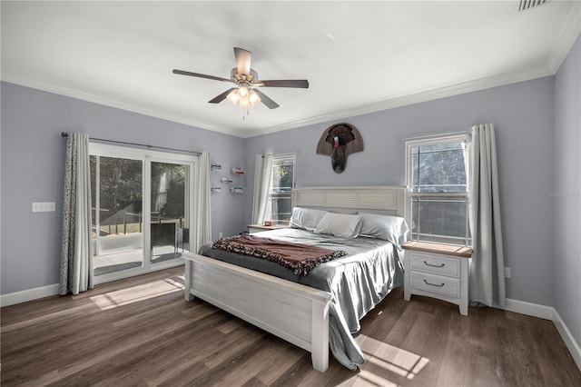 bedroom featuring crown molding, dark hardwood / wood-style floors, access to outside, and ceiling fan